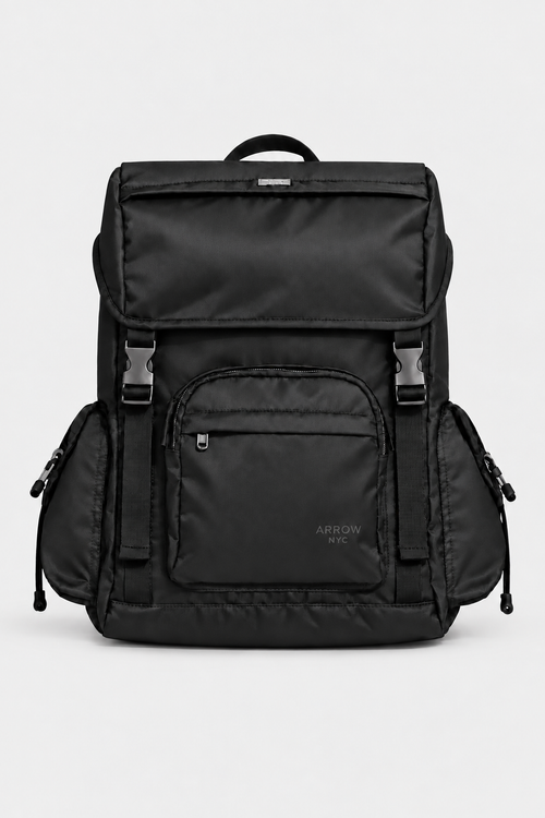Front view of the black ARROW NYC Cruiser backpack on a light gray studio background.