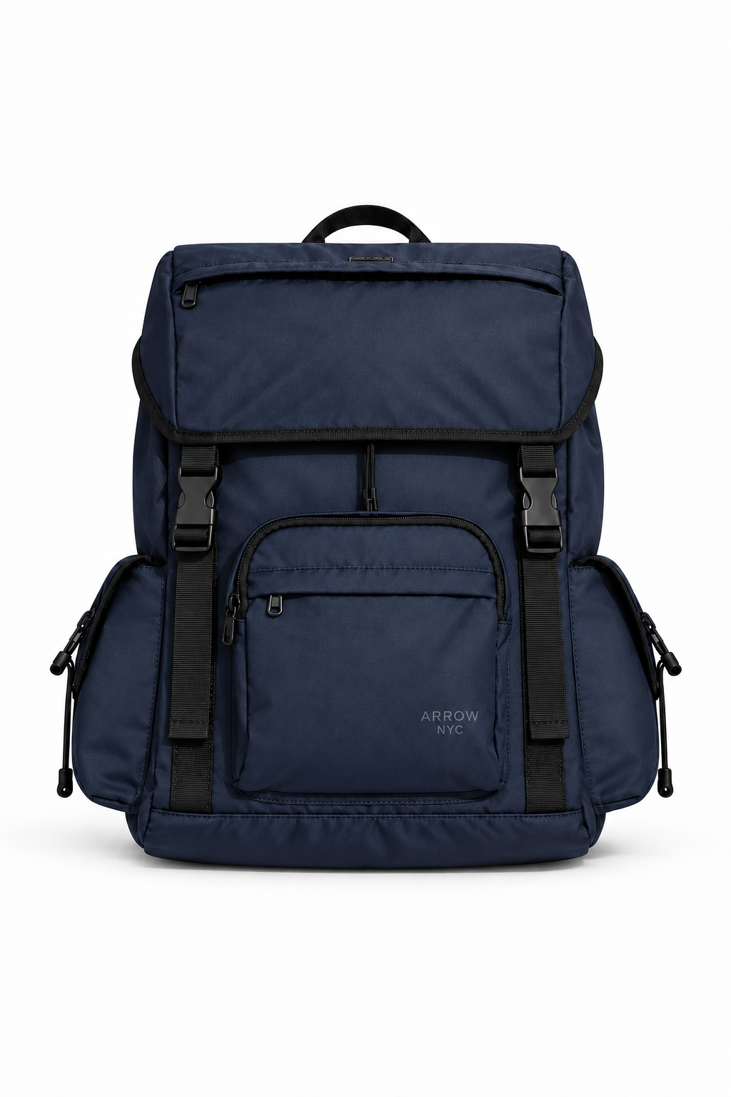 Front view of the Deep Blue ARROW NYC Cruiser backpack on a white background, showing front pockets and black buckles.