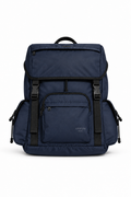 Front view of the Deep Blue ARROW NYC Cruiser backpack on a white background, showing front pockets and black buckles.