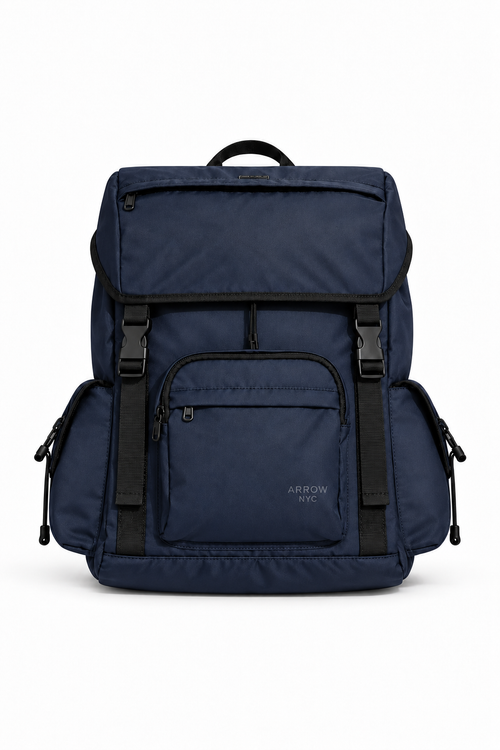 Front view of the Deep Blue ARROW NYC Cruiser backpack on a white background, showing front pockets and black buckles.