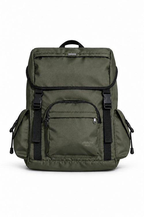 Front view of the Olive ARROW NYC Cruiser backpack on a light studio background.